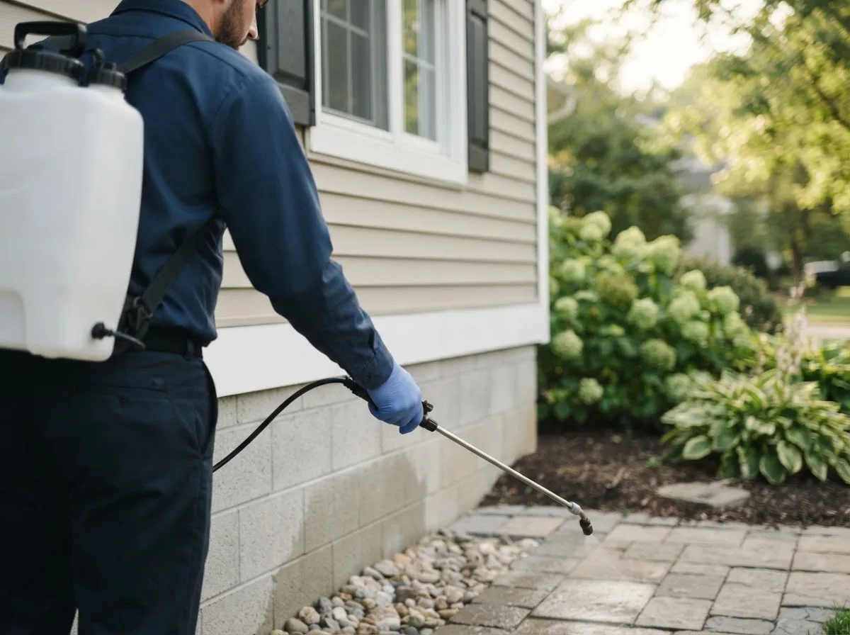 Pest control technician inspecting a home in Clute, TX